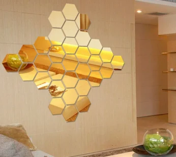 12Pcs/Pack Hexagon Mirror Sticker Gold Self Adhesive Tiles